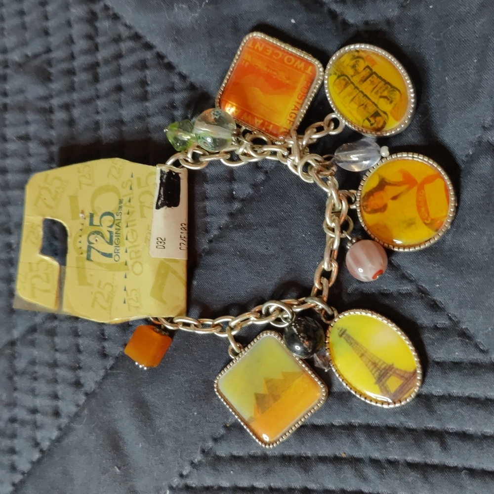🎊VTG AAI Signed Charm Bracelet, Cunard, Paris, Pyramids, Hawaii, Silver Travel